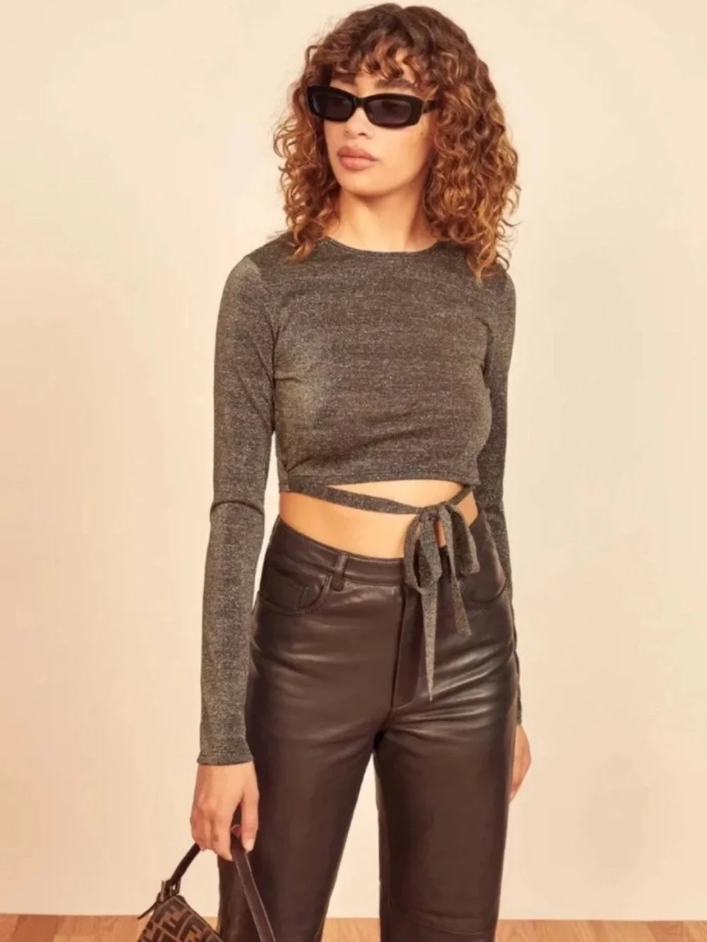 Reformation Jupiter Metallic Crop Top- Size M- Long Sleeve Sheer Party Top